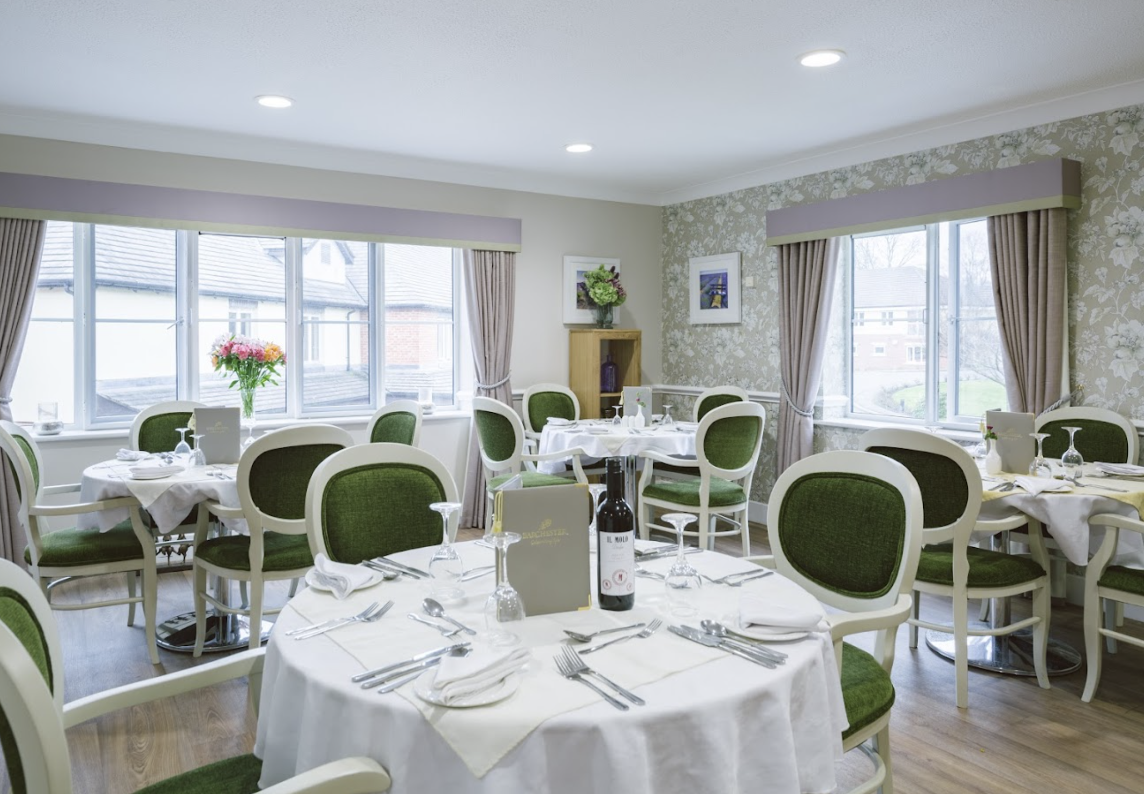 Dining room of The Rhallt care home in Welshpool, Wales