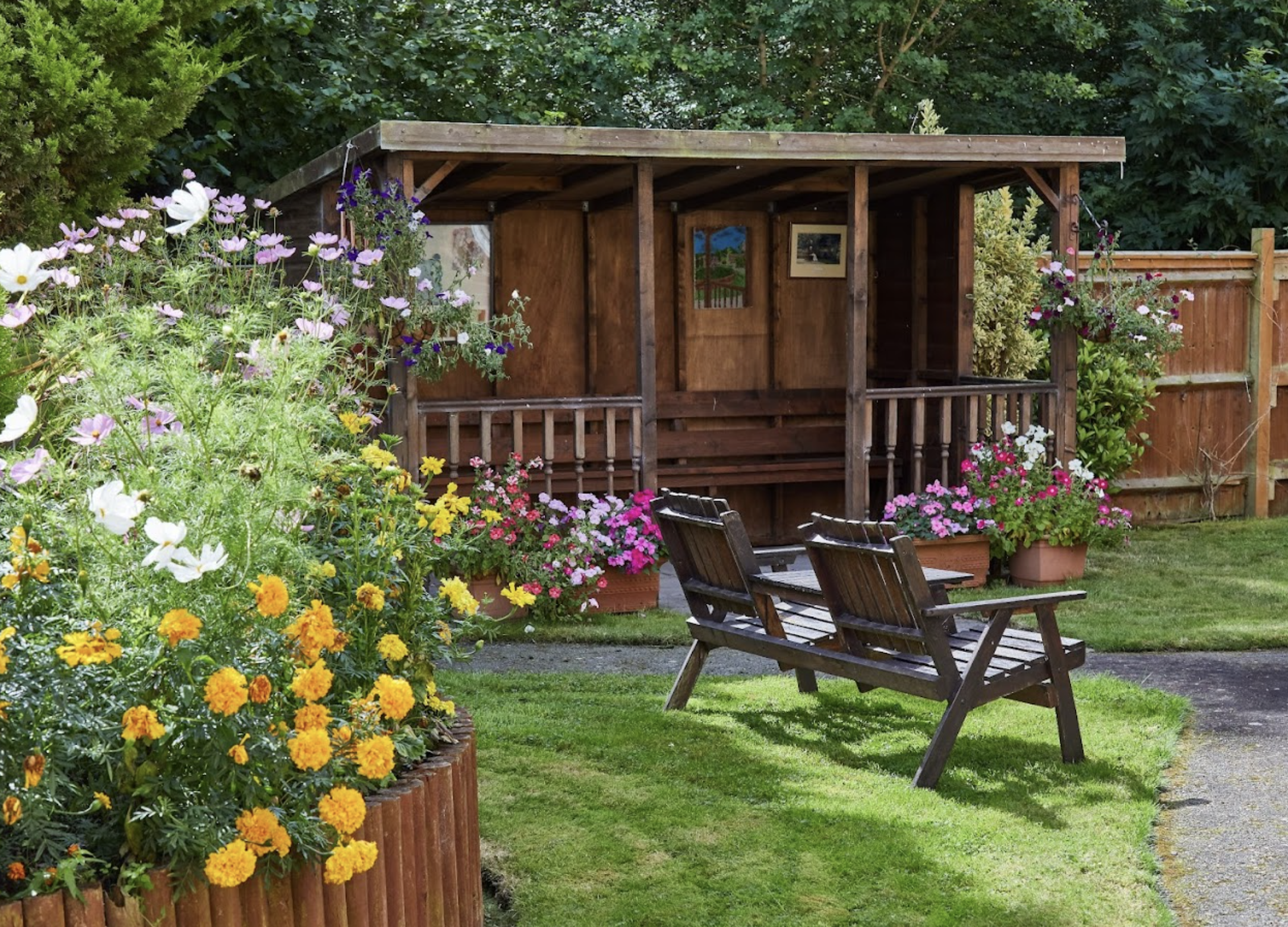 Garden of The Rhallt care home in Welshpool, Wales