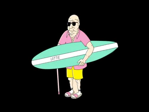 A drawing of an elderly man with a waking cane holding a surfing board