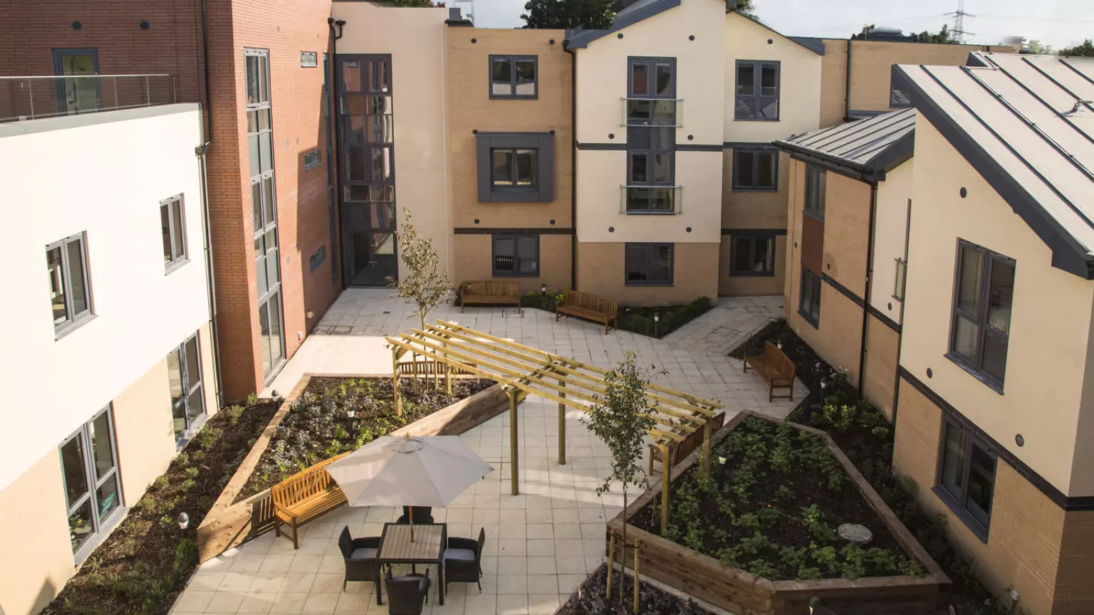 Courtyard of Garden City Court care home in Letchworth Garden City, Hertfordshire