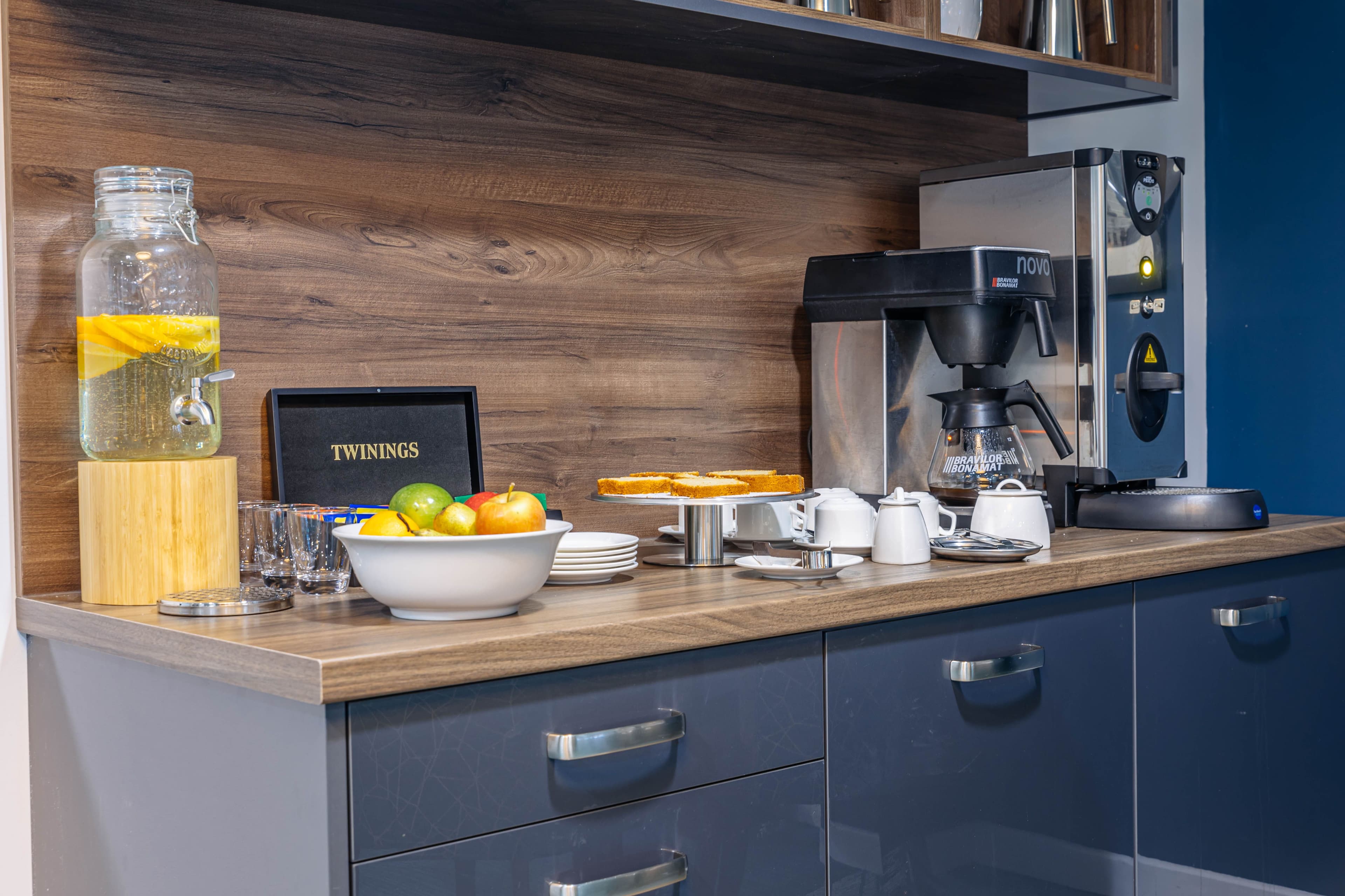 Kitchen bar area of Awel-y-Mor Care Home in Swansea, South Glamorgan