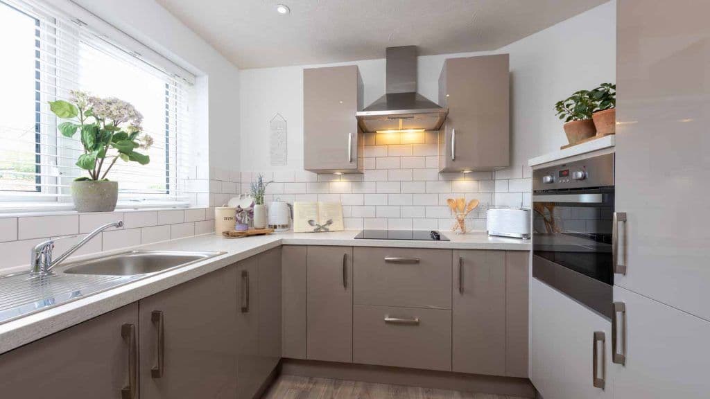 Kitchen of Edinburgh Lodge retirement development in Orpington, Greater London