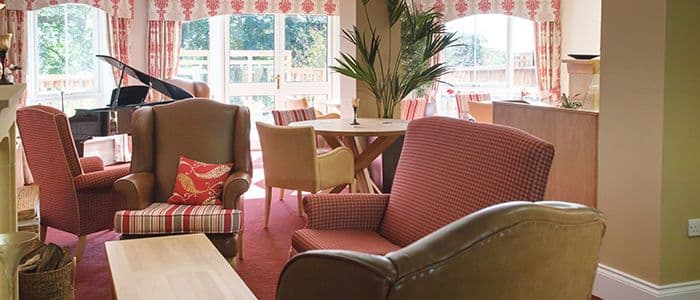 Lounge of Cooperscroft care home in Potters Bar, Hertfordshire