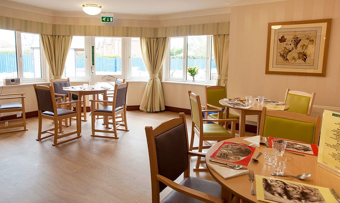 Dining room of Talbot View care home in Bournemouth, Hampshire