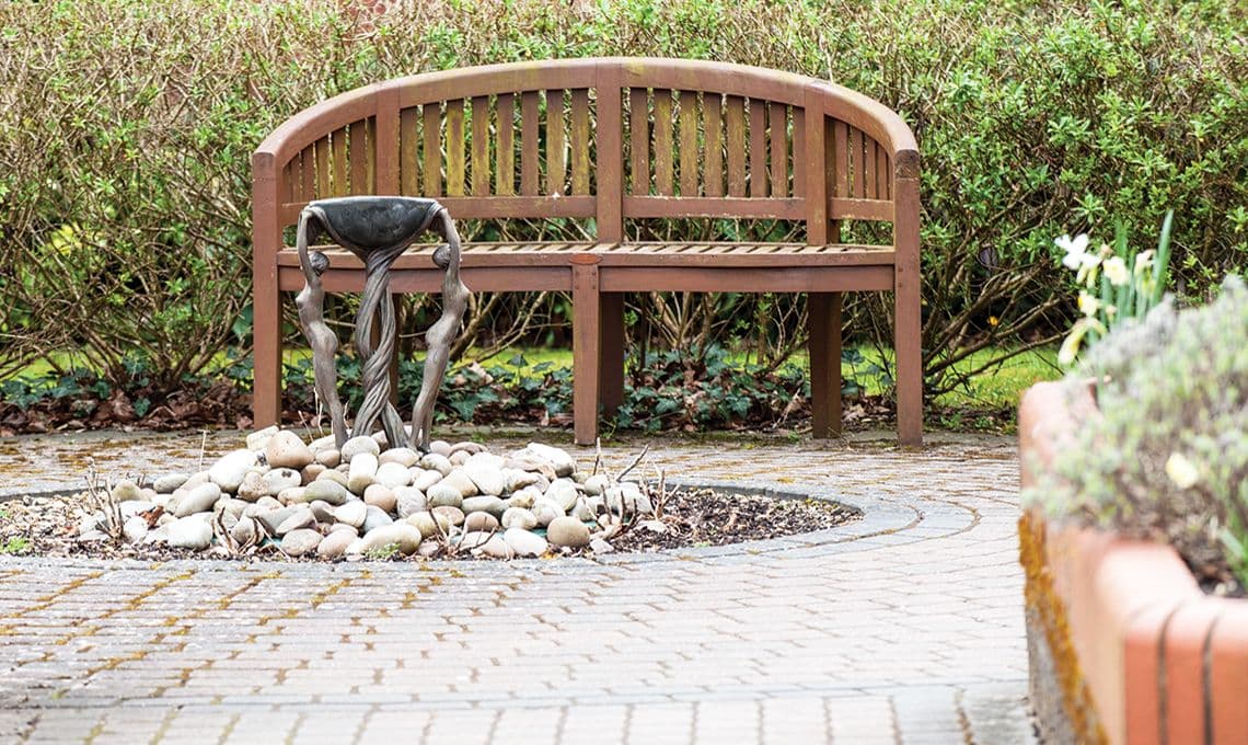 Bench area of Fairlawn care home in Ferndown, Dorset