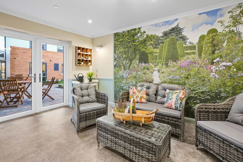 Garden room of Heatherton House care home in Littleover, Derby