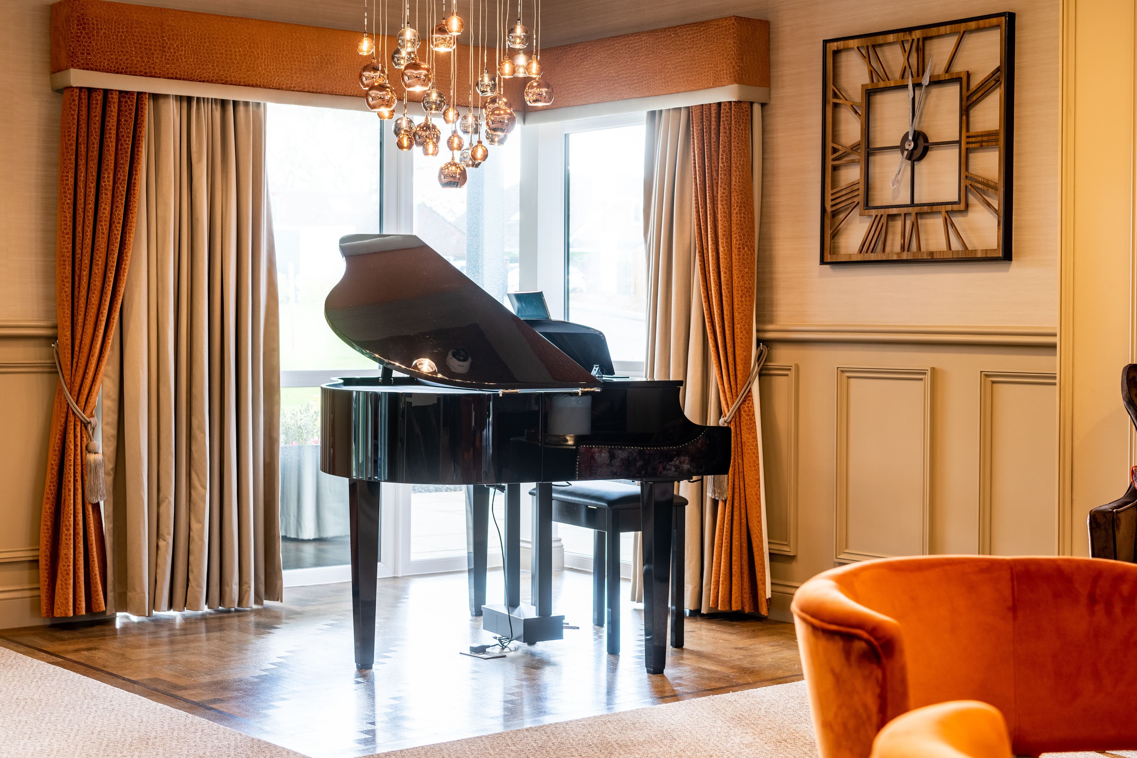 Piano room of Heathland House care home in Ferndown, Dorset