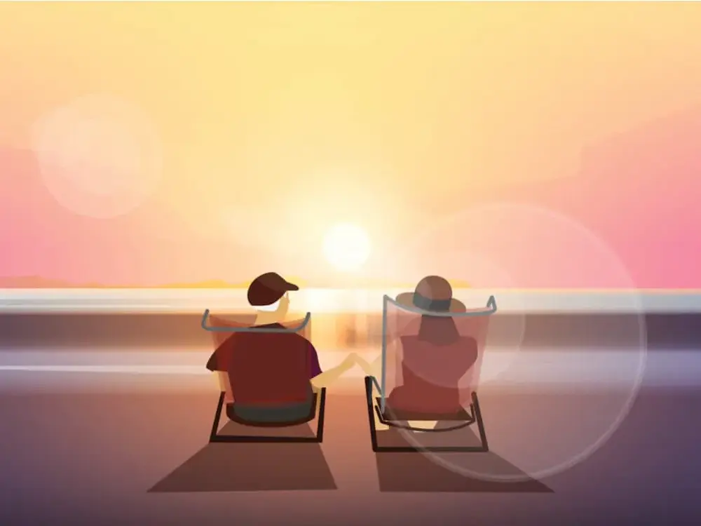 Older man and woman relaxing on a beach graphic