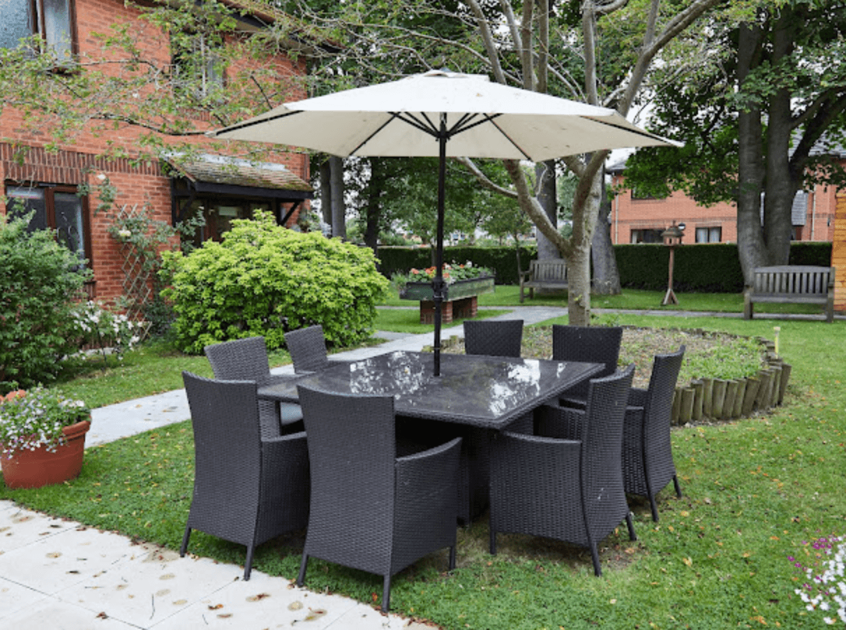 Garden area of Rhiwlas care home in Flint, Wales