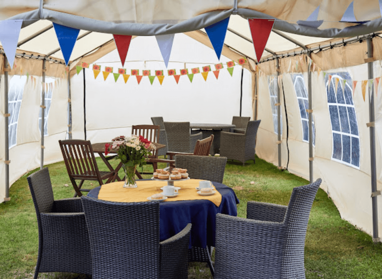 Garden area of Rhiwlas care home in Flint, Wales