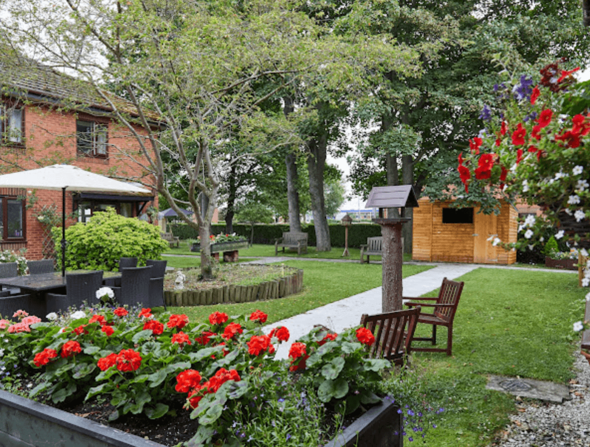 Garden area of Rhiwlas care home in Flint, Wales