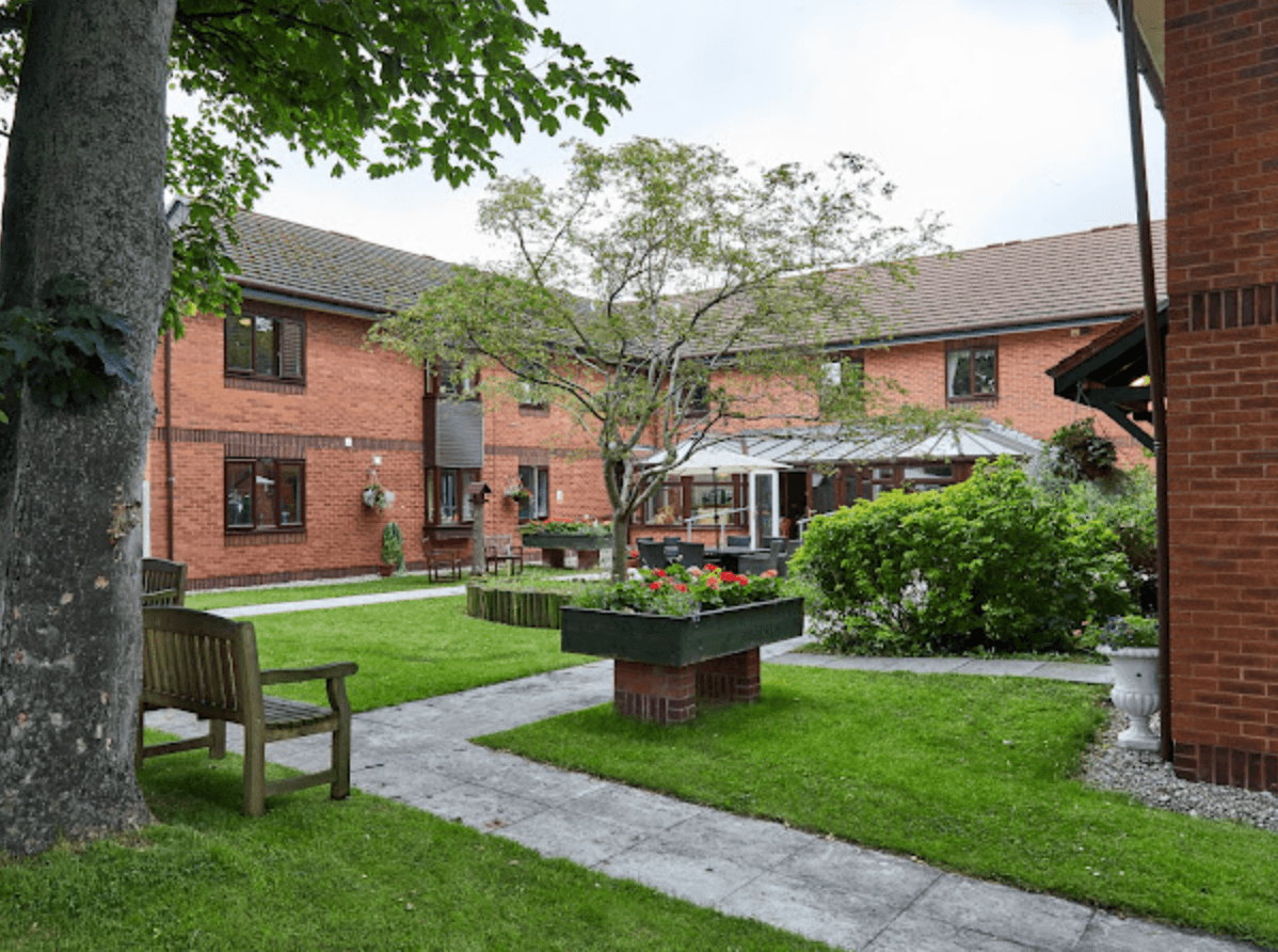 Garden area of Rhiwlas care home in Flint, Wales