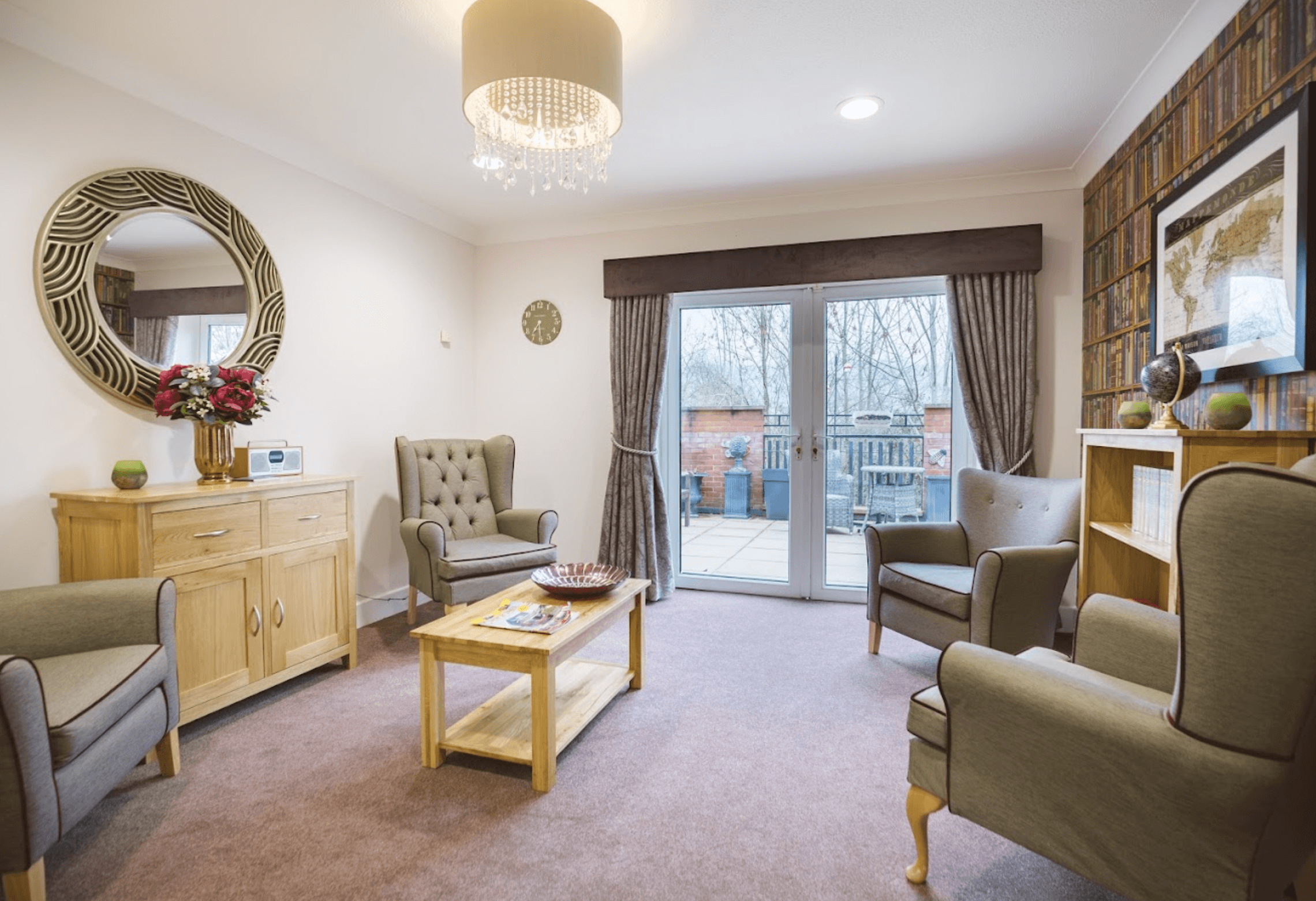 Lounge of The Rhallt care home in Welshpool, Wales