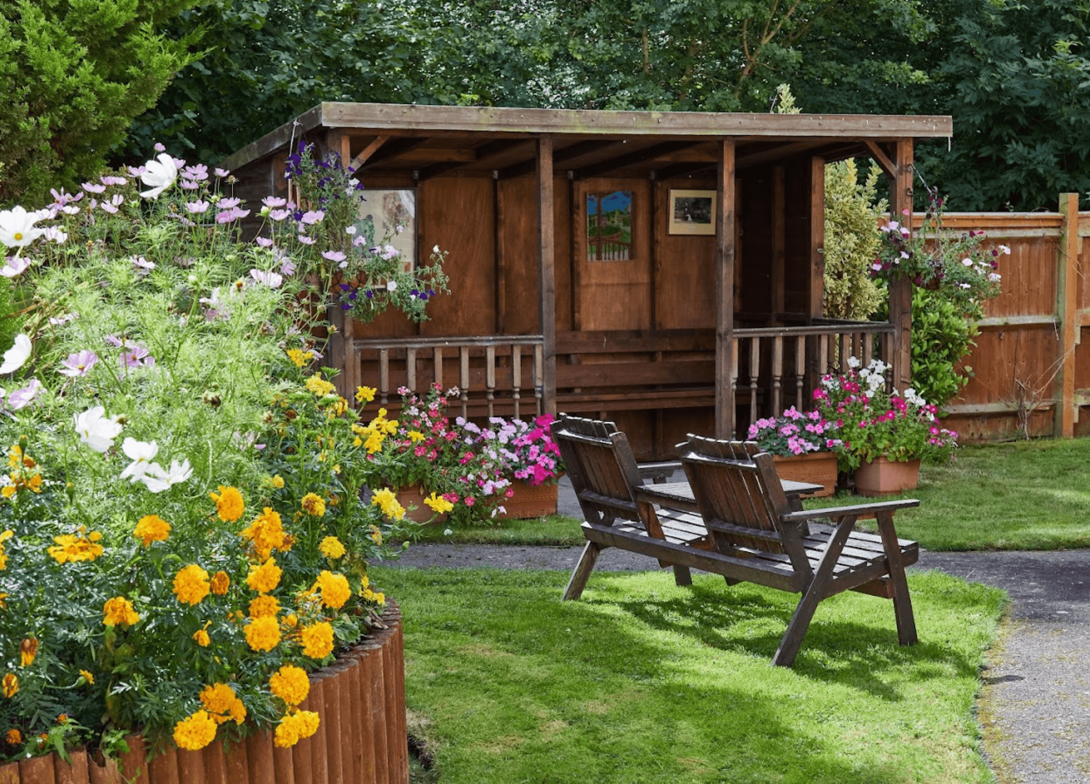 Garden of The Rhallt care home in Welshpool, Wales