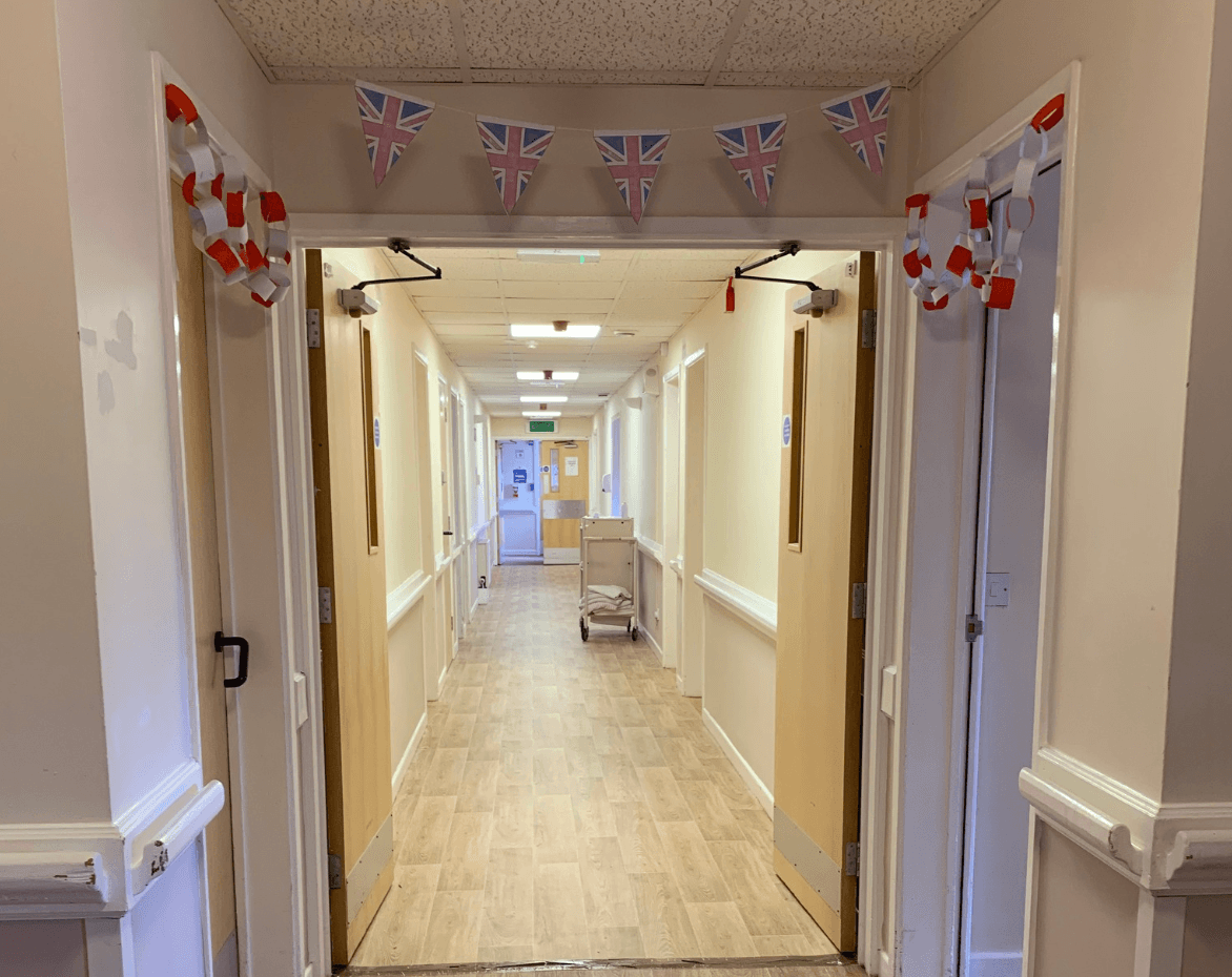 Hallway of Ty Eirin care home in Porth, Wales