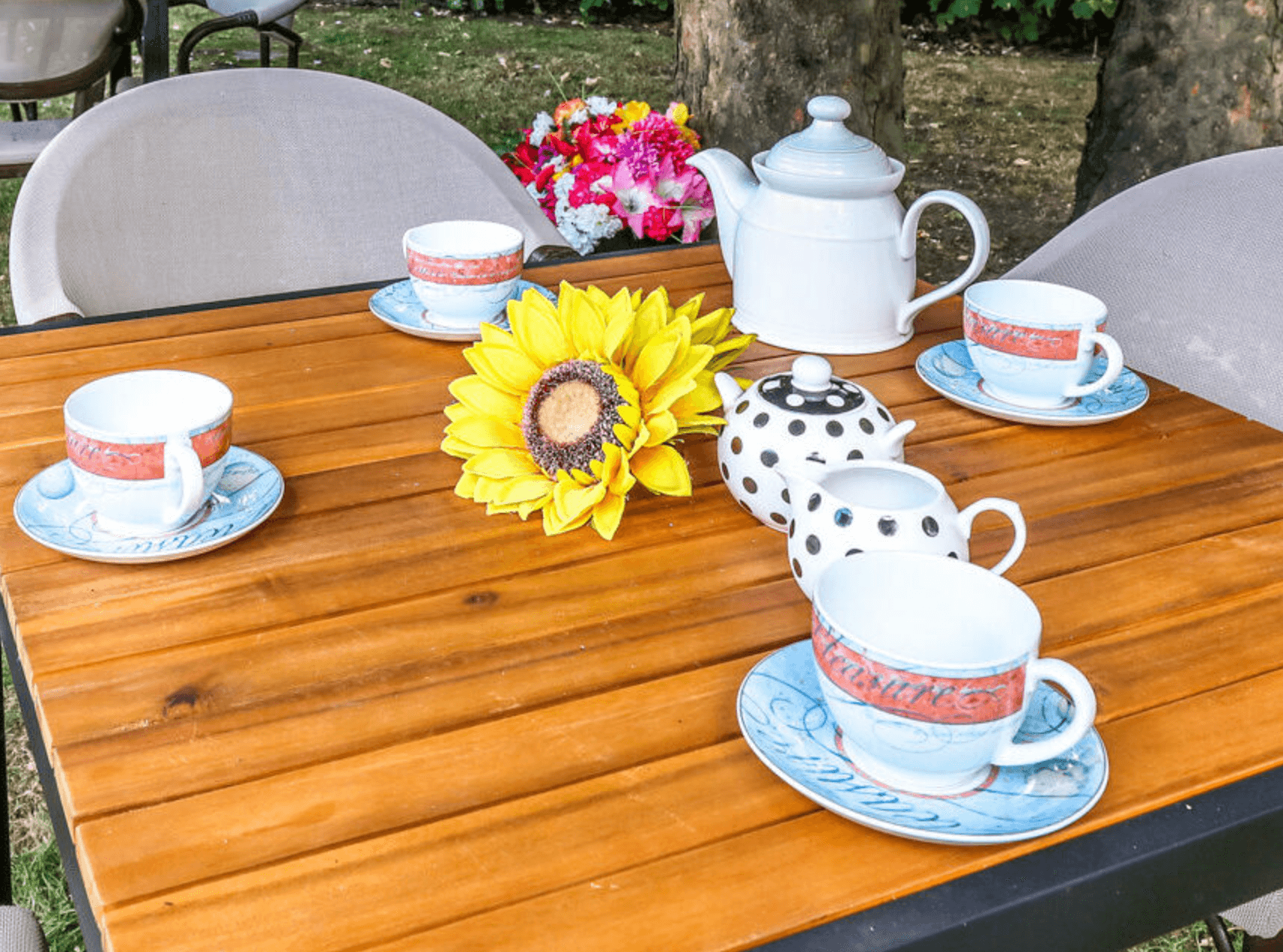 Garden seating area of Eryl Fryn care home in Llandudno, Wales