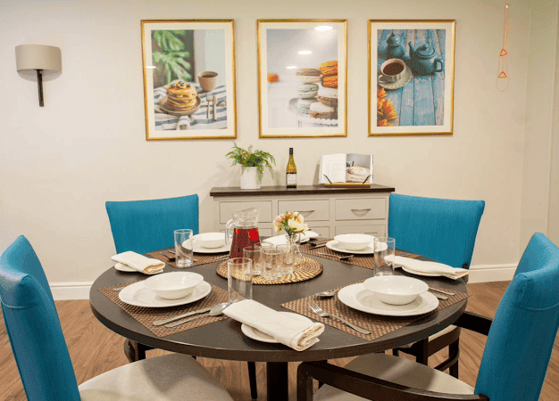 Dining area of Woodend care home in Altrincham, Manchester