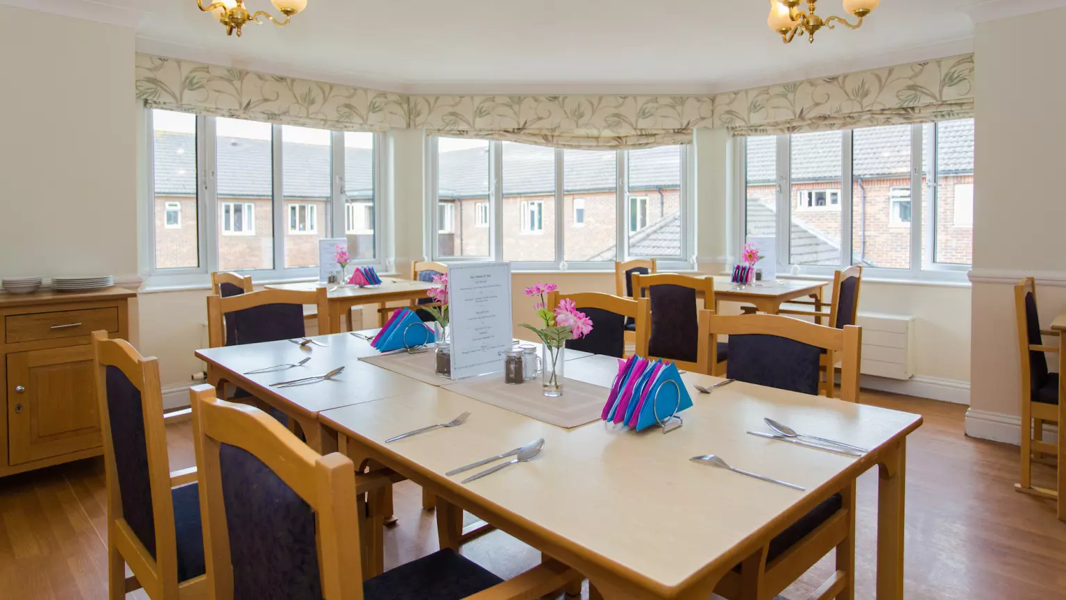 Dining room of The Mead care home in Borehamwood, Hertfordshire