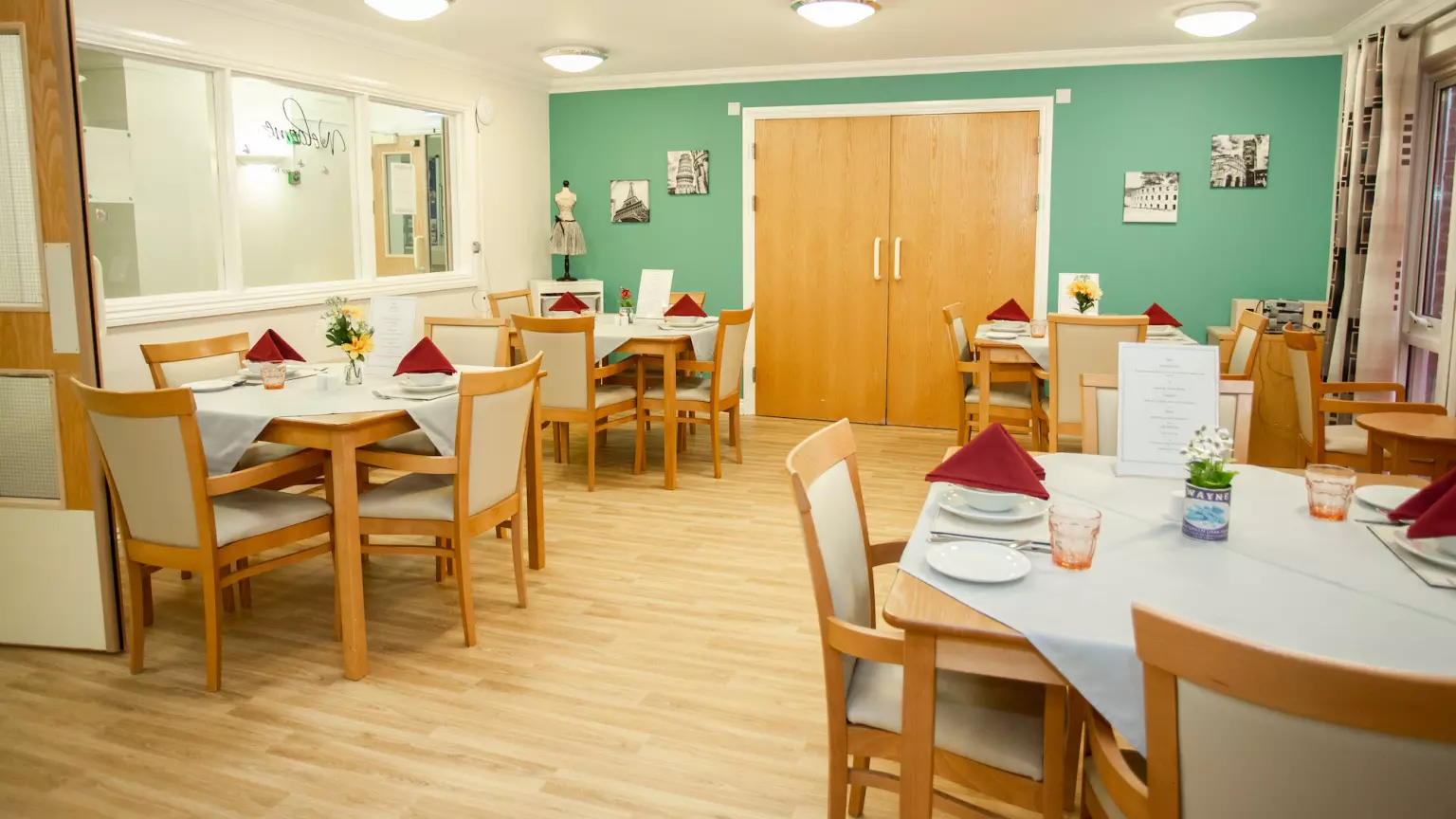 Dining area of Tye Green Lodge care home in Harlow, Essex