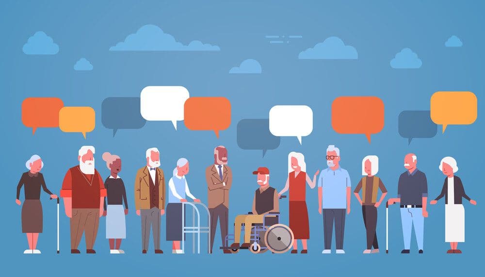 An illustration of many old people