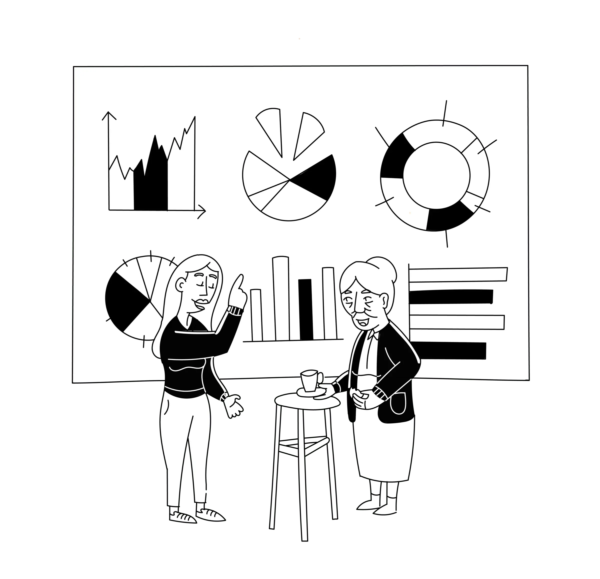A cartoon of a woman presenting charts to an elderly woman