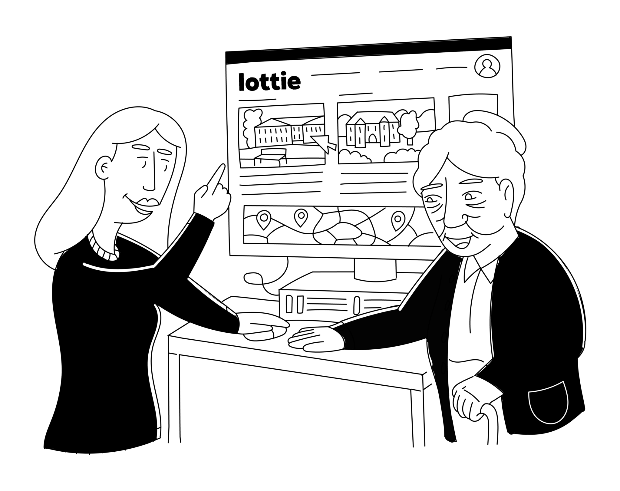 Cartoon with a woman and elder woman helping to use computer on Lottie.org website