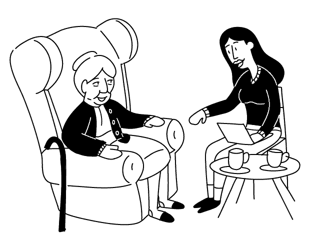 A cartoon of an elderly woman and a young woman sitting down and talking