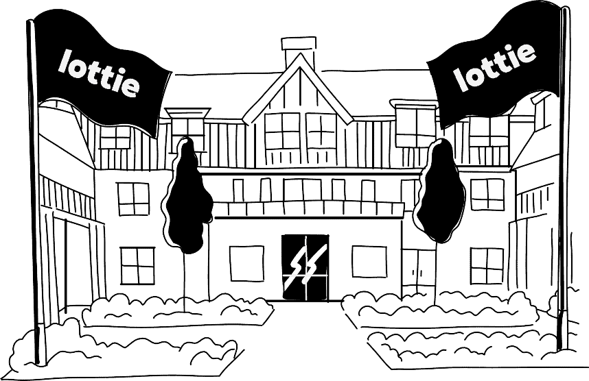 A cartoon of a care home decorated with Lottie flags