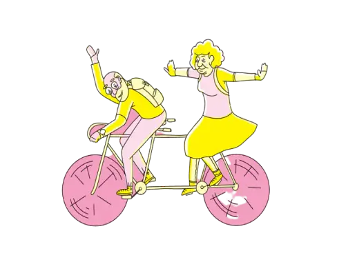 A drawding of an elderly couple riding a tandem bike