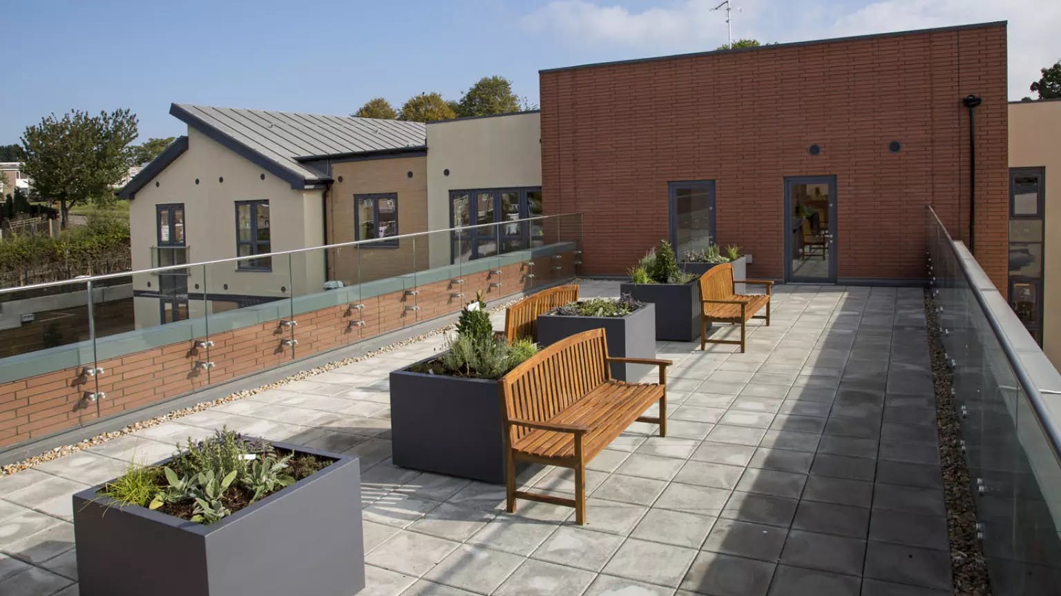 Roof Terrace of Garden City Court care home in Letchworth Garden City, Hertfordshire