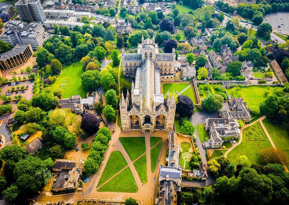 An aerial view of Peterborough Cathedral
