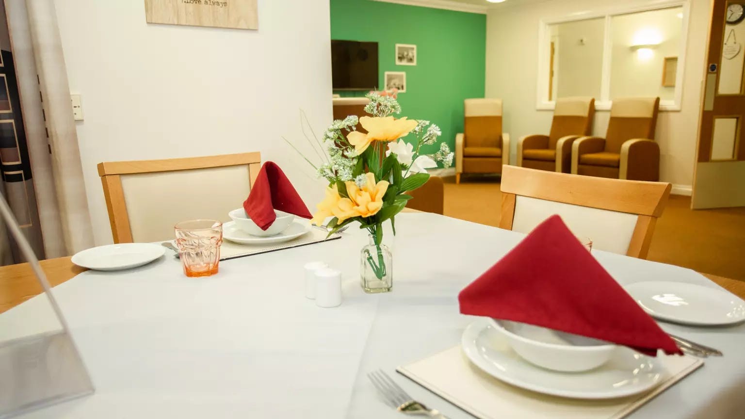 Dining area of Tye Green Lodge care home in Harlow, Essex