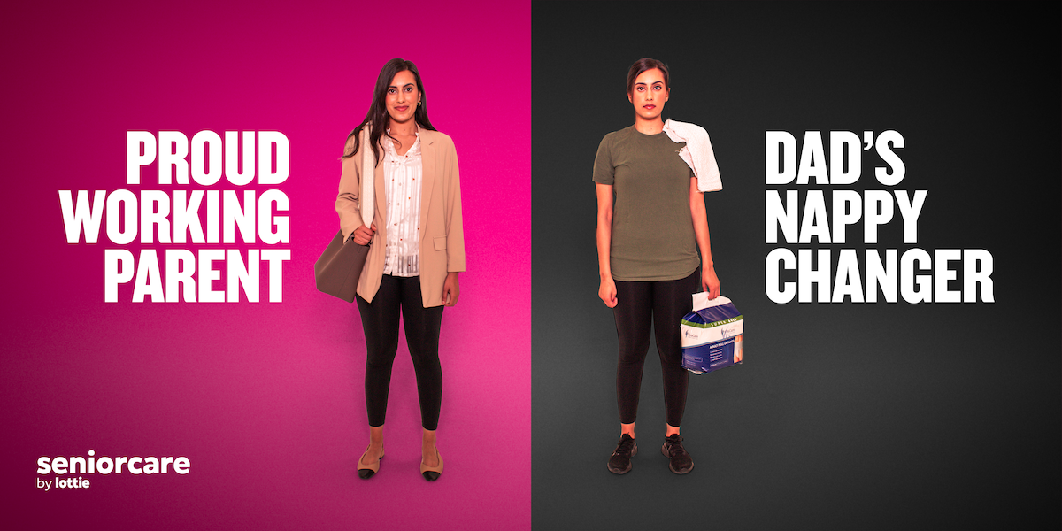This is an image split down the centre. On the left hand side it shows a smiling woman, dressed in smart casual clothing. Messaging reads: proud working parent. On the right side of the image, the same woman looks exhausted, dressed in shabby clothing holding adult nappies. Messaging reads: dad’s nappy changer.