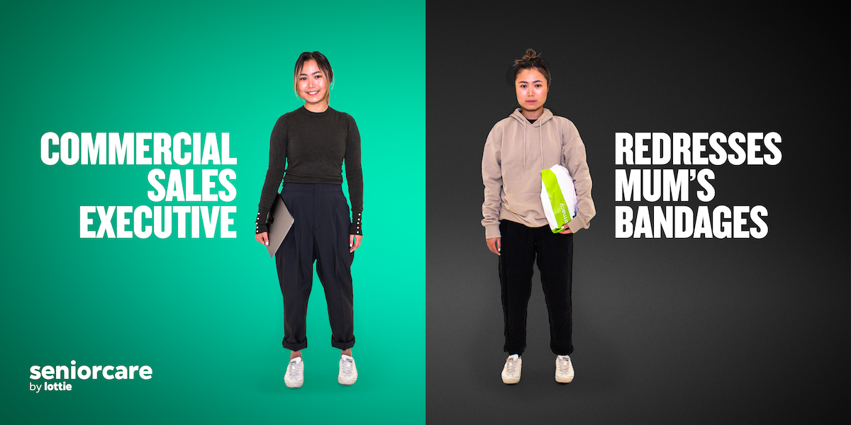 This is an image split down the centre. On the left hand side it shows a young, working professional holding a laptop. Messaging reads: commercial sales executive. On the right side of the image, the same woman looks tired, wearing drab clothing and holding a green pharmacy bag. Messaging reads: redresses mum’s bandages.