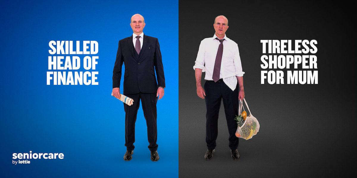 This is an image split down the centre. On the left hand side it shows a very smartly dressed, older businessman. Messaging reads: skilled head of finance. On the right the same man’s suit is dishevelled, slouching over and holding a packed shopping bag. Messaging reads: tireless shopper for mum.